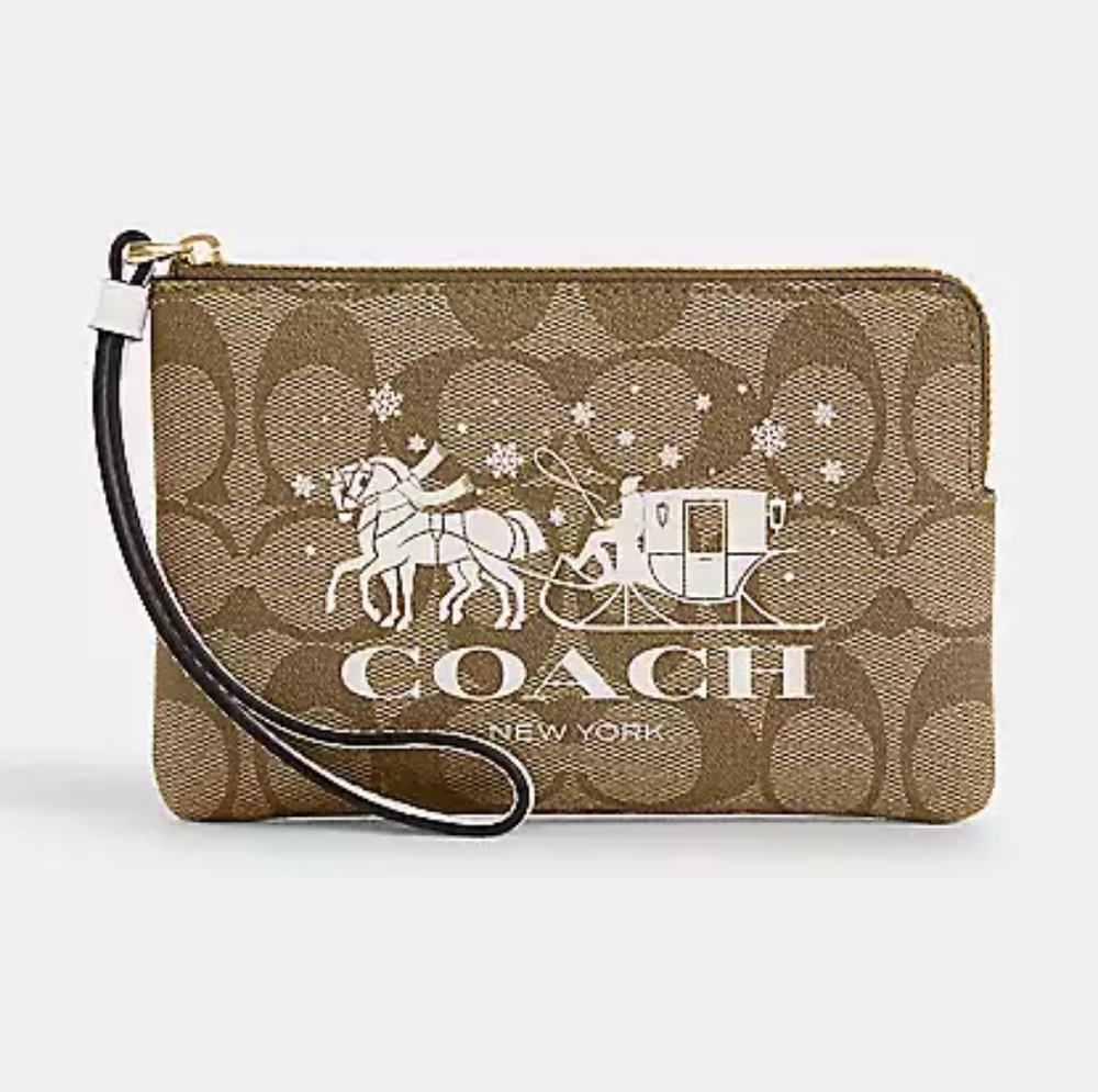 🎠🎠 NWT COACH Corner Zip Wristlet In Signature Canvas With Horse And Sleigh 🎠